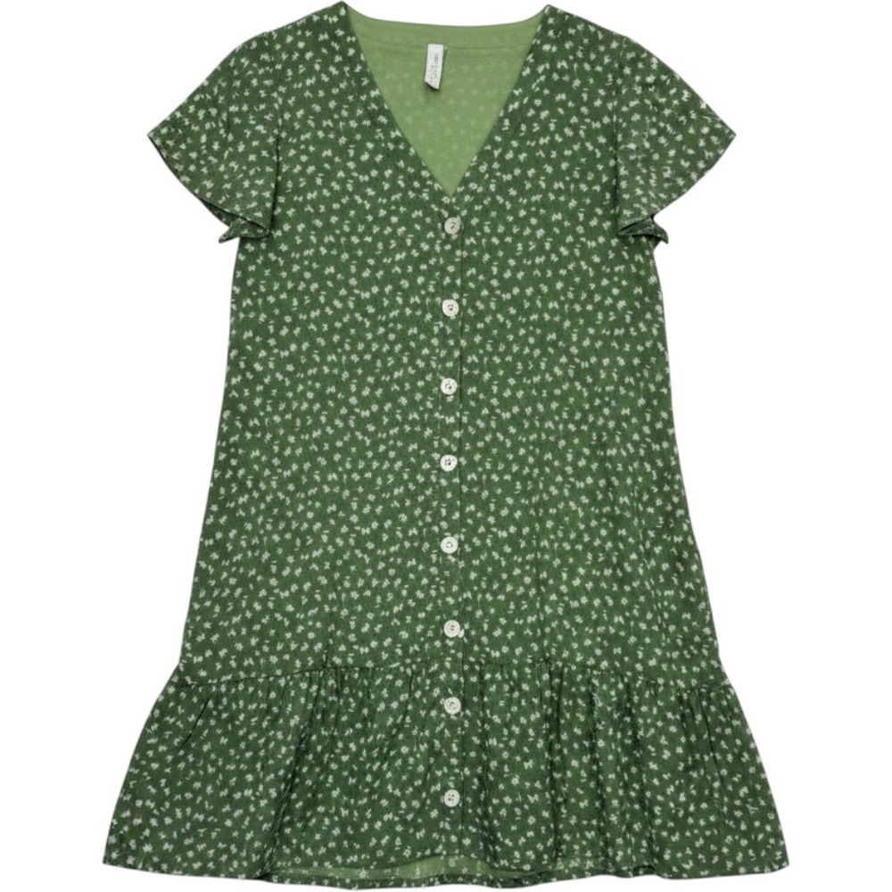 L‎ Love Green Floral Button Down Flutter Sleeve Ruffle Hem Mini Dress Small